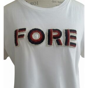 G/FORE White Tee Shirt With Bold Chenille Embroidery Lettering Large EUC!
